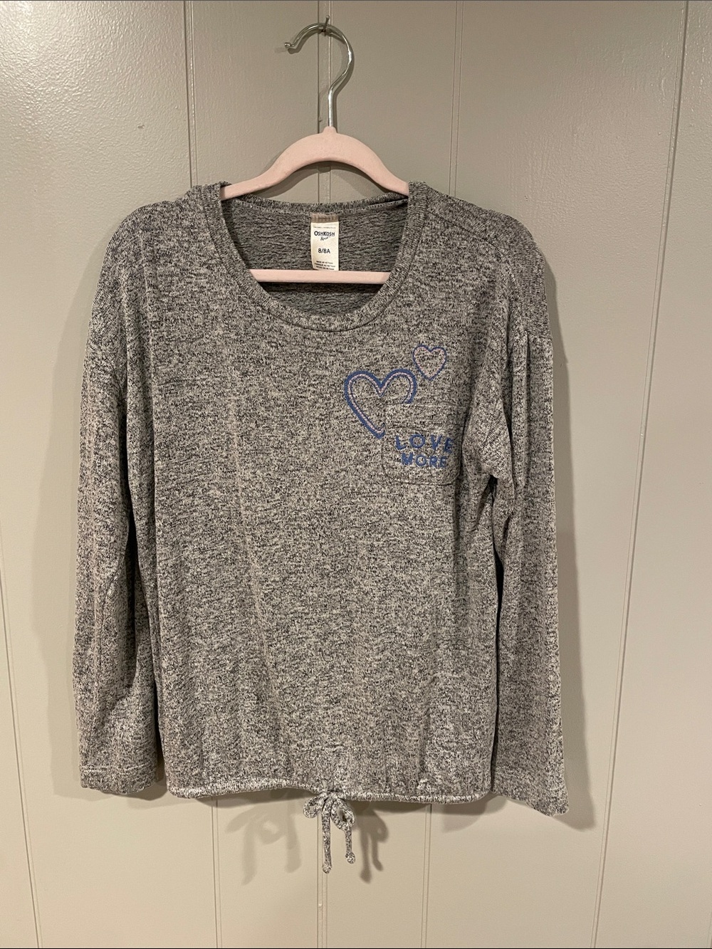 OshKosh Cozy Grey Kids' Pullover Top with Blue Heart Detail Girls Size 8